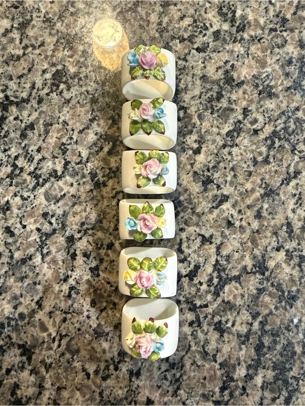 Hand-Painted Floral Ceramic Napkin Rings - Set of 6 - White with Pink & Green